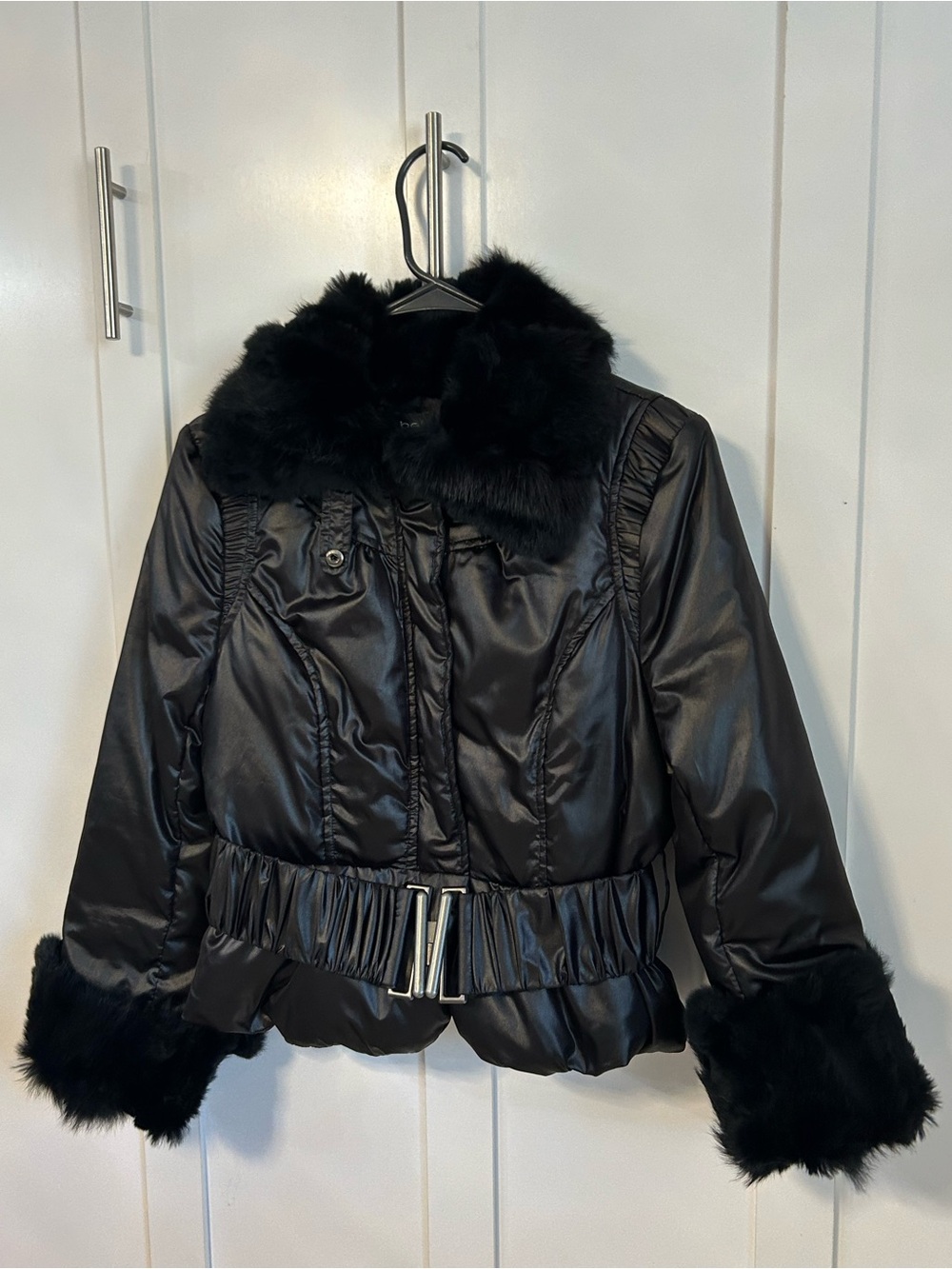 vintage Y2K Bebe black rabbit fur belted quilted puffer jacket